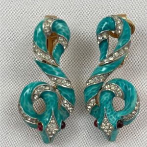 Crown Trifari SIGNED TURQUOISE Enamel Serpent Snake Earrings Alfred Philippe